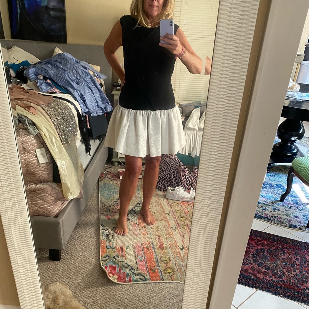 Erin party dress  jersey form fitting bodice w dropped waisted brocade skirt